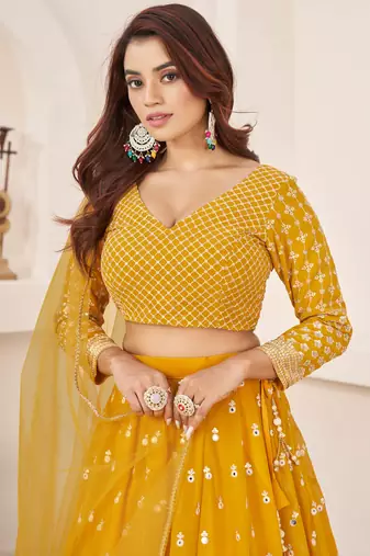 beauteous yellow thread work georgette lehenga set choli with dupatta with dupatta