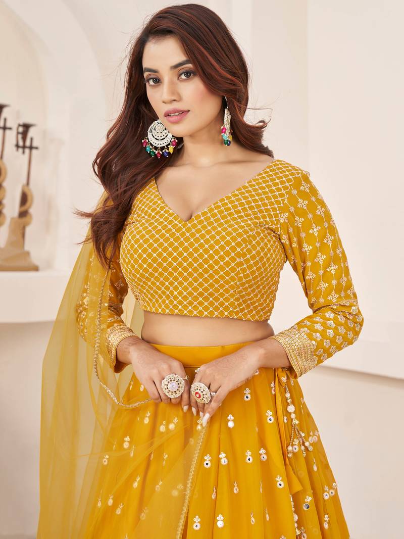 Beauteous Yellow Thread Work Georgette Lehenga Choli With Dupatta