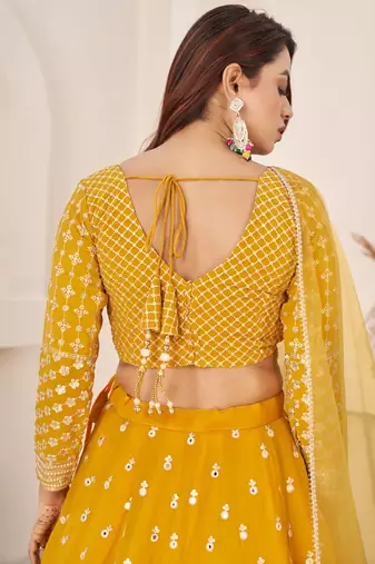 beauteous yellow thread work georgette lehenga set choli with dupatta with dupatta