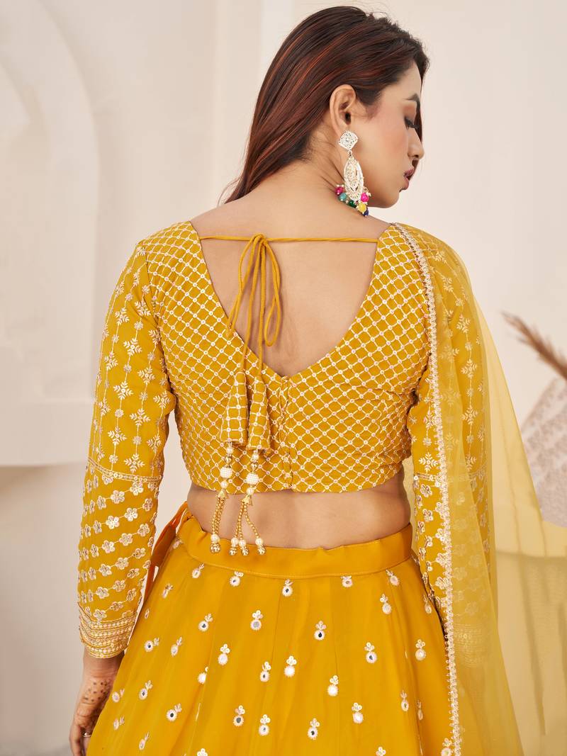 Beauteous Yellow Thread Work Georgette Lehenga Choli With Dupatta