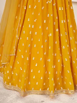 beauteous yellow thread work georgette lehenga set choli with dupatta with dupatta 7