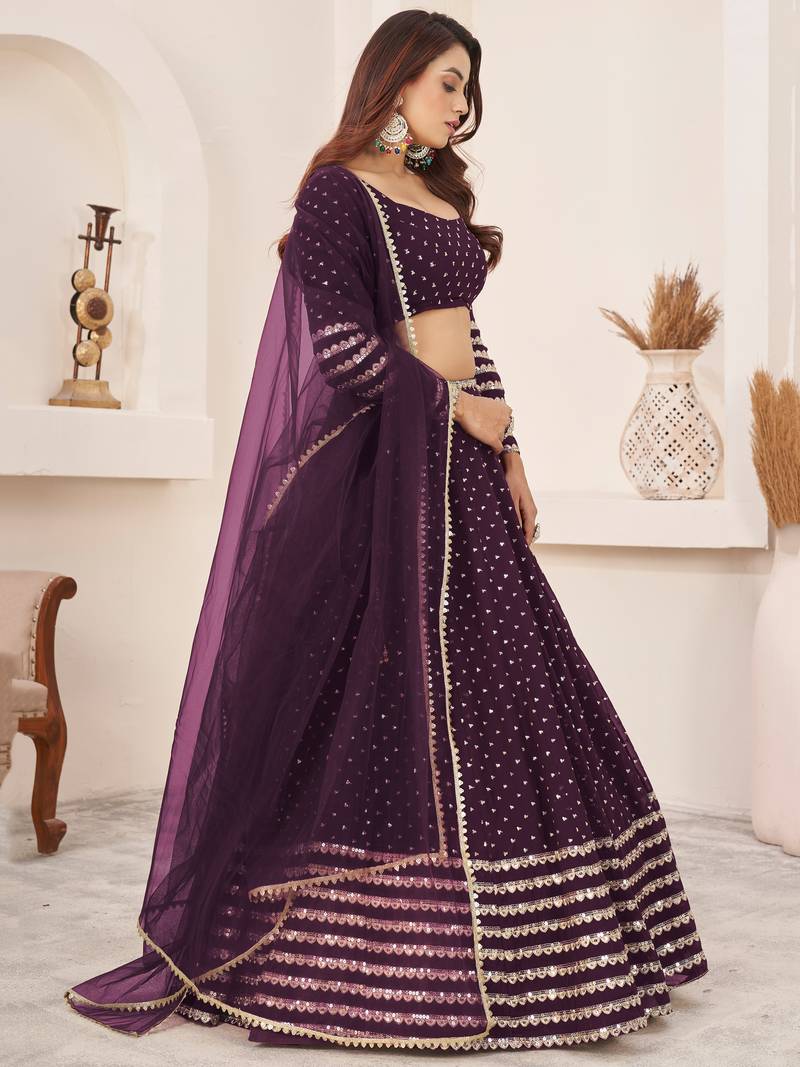 Fancified Purple Sequins Georgette Reception Wear Lehenga Choli