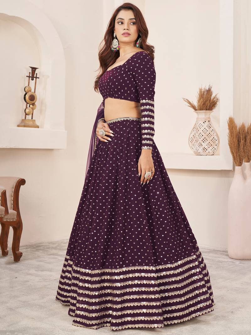Fancified Purple Sequins Georgette Reception Wear Lehenga Choli