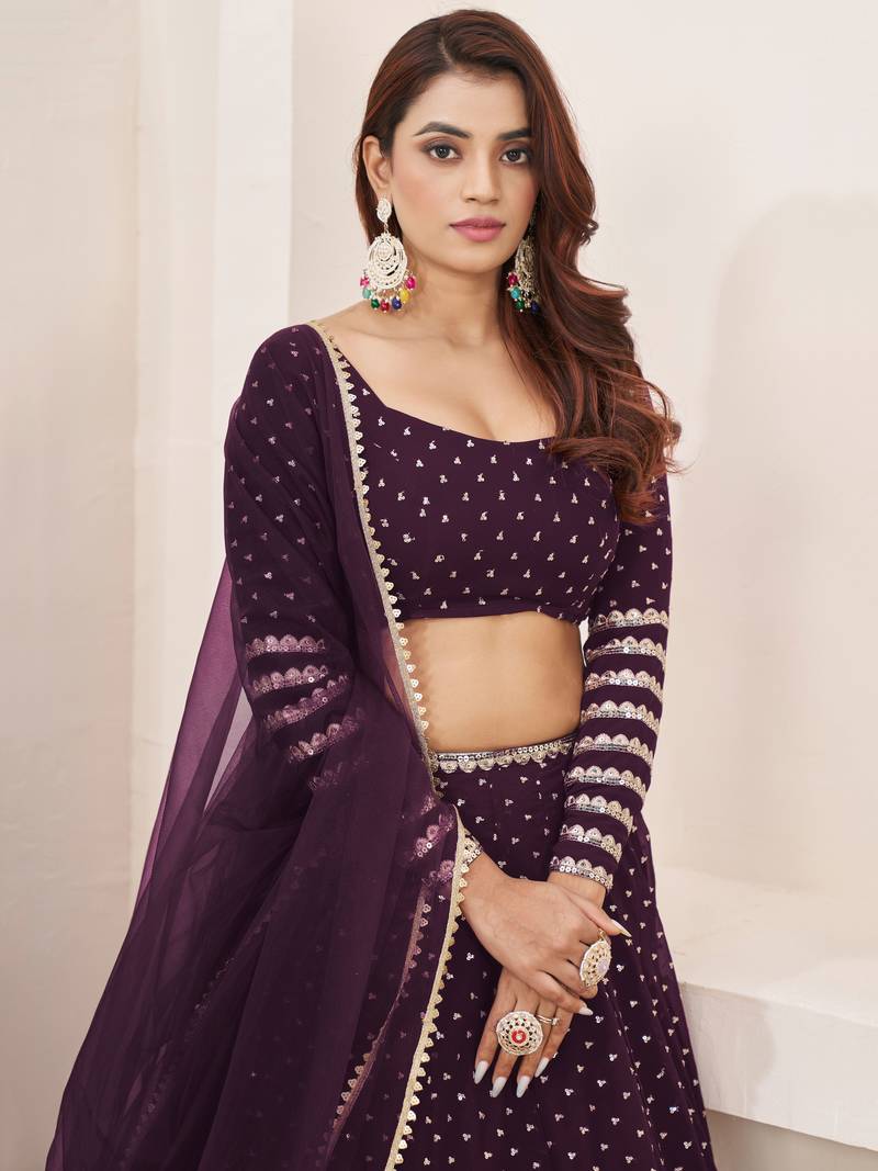 Fancified Purple Sequins Georgette Reception Wear Lehenga Choli
