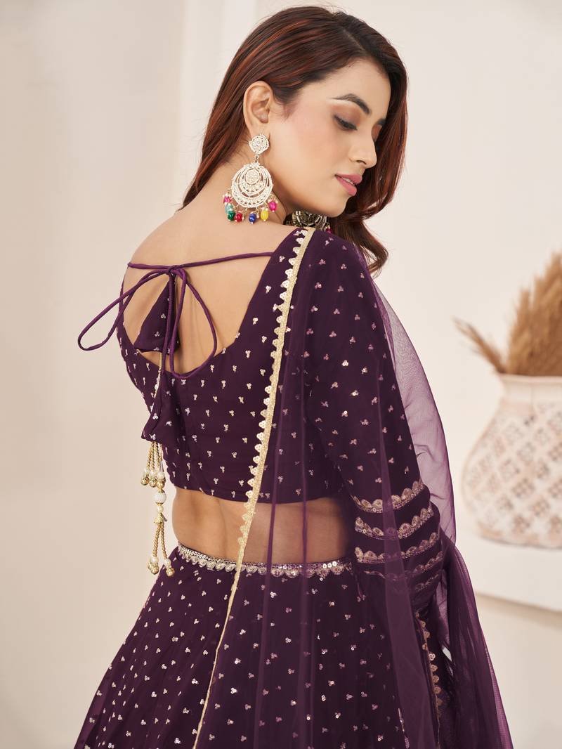 Fancified Purple Sequins Georgette Reception Wear Lehenga Choli