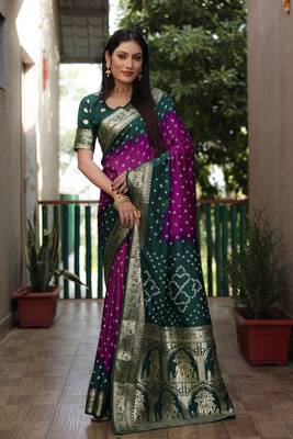 Purple And Green Woven Design Bandhej silk blend Saree With Blouse 1