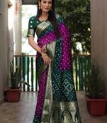 Purple And Green Woven Design Bandhej silk blend Saree With Blouse