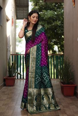 Purple And Green Woven Design Bandhej silk blend Saree With Blouse 2