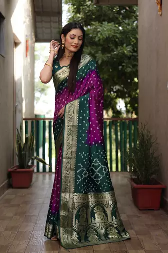 Purple And Green Woven Design Bandhej silk blend Saree With Blouse