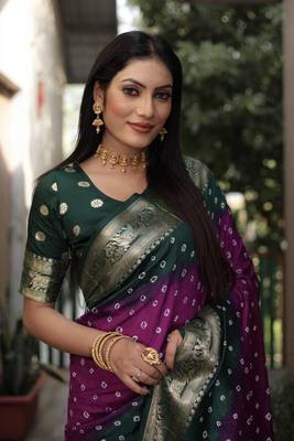 Purple And Green Woven Design Bandhej silk blend Saree With Blouse 3