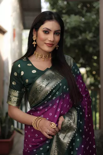 Purple And Green Woven Design Bandhej silk blend Saree With Blouse