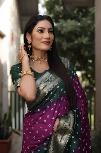 Purple And Green Woven Design Bandhej silk blend Saree With Blouse