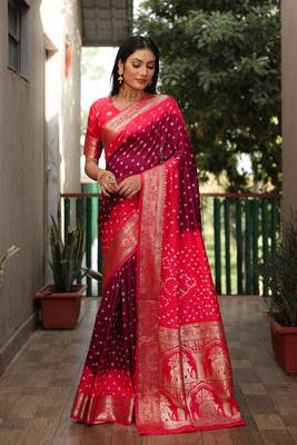 Wine And Peach Woven Design Bandhej silk blend Saree With Blouse 1