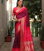 Wine And Peach Woven Design Bandhej silk blend Saree With Blouse