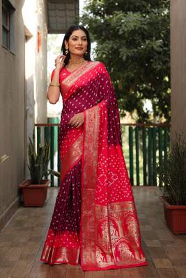 Wine And Peach Woven Design Bandhej silk blend Saree With Blouse 2