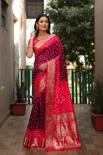 Wine And Peach Woven Design Bandhej silk blend Saree With Blouse