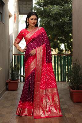Wine And Peach Woven Design Bandhej silk blend Saree With Blouse 3