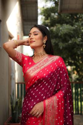 Wine And Peach Woven Design Bandhej silk blend Saree With Blouse 4