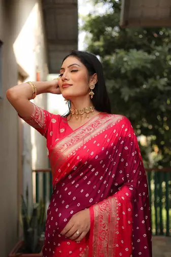 Wine And Peach Woven Design Bandhej silk blend Saree With Blouse