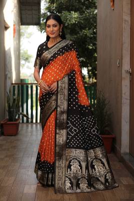 Orange And Black Woven Design Bandhej silk blend Saree With Blouse 1