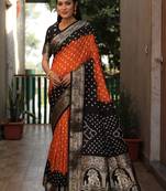 Orange And Black Woven Design Bandhej silk blend Saree With Blouse