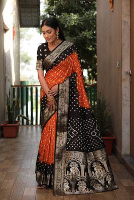 Orange And Black Woven Design Bandhej silk blend Saree With Blouse 2