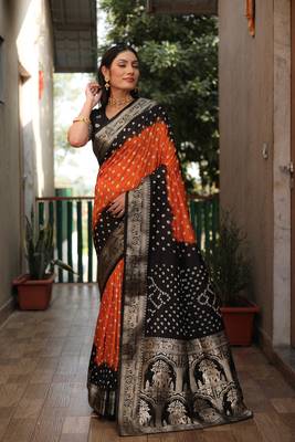 Orange And Black Woven Design Bandhej silk blend Saree With Blouse 3