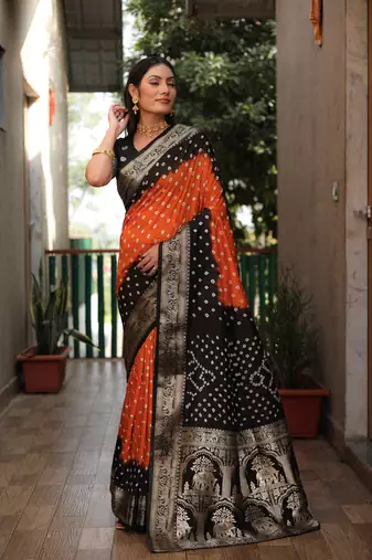 Orange And Black Woven Design Bandhej silk blend Saree With Blouse