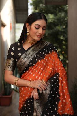 Orange And Black Woven Design Bandhej silk blend Saree With Blouse 4