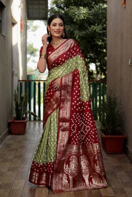 Mahendi And Red Woven Design Bandhej silk blend Saree With Blouse 1