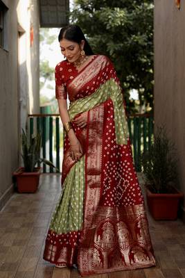 Mahendi And Red Woven Design Bandhej silk blend Saree With Blouse 2