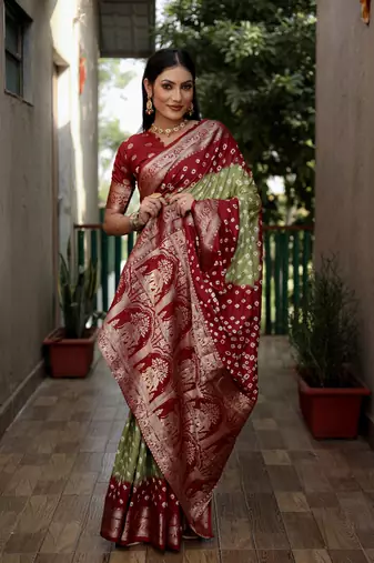 Mahendi And Red Woven Design Bandhej silk blend Saree With Blouse