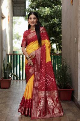 Yellow And Red Woven Design Bandhej silk blend Saree With Blouse 1