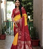 Yellow And Red Woven Design Bandhej silk blend Saree With Blouse