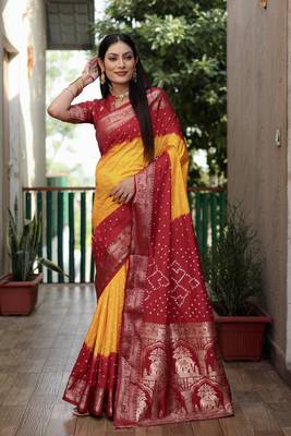 Yellow And Red Woven Design Bandhej silk blend Saree With Blouse 2