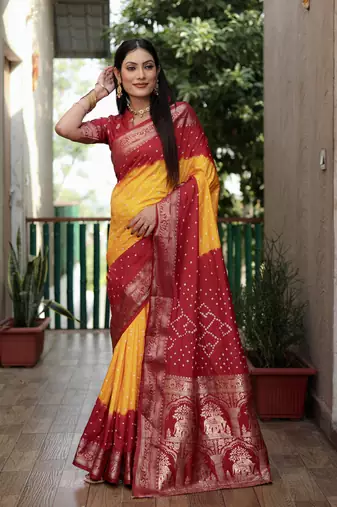 Yellow And Red Woven Design Bandhej silk blend Saree With Blouse