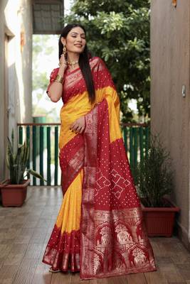 Yellow And Red Woven Design Bandhej silk blend Saree With Blouse 3