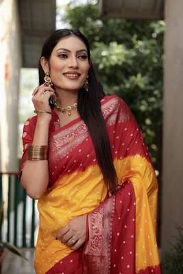 Yellow And Red Woven Design Bandhej silk blend Saree With Blouse 4