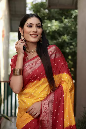Yellow And Red Woven Design Bandhej silk blend Saree With Blouse