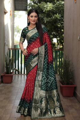 Maroon And Green Woven Design Bandhej silk blend Saree With Blouse 1