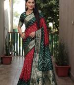 Maroon And Green Woven Design Bandhej silk blend Saree With Blouse