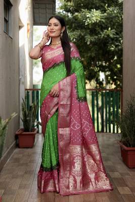 Parrot Green And Peach Woven Design Bandhej silk blend Saree With Blouse 1