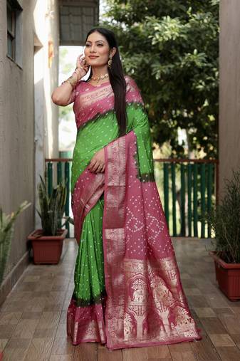 Parrot Green And Peach Woven Design Bandhej Silk Saree With Blouse