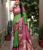 Parrot Green And Peach Woven Design Bandhej silk blend Saree With Blouse
