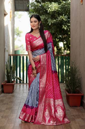 Grey And Pink Woven Design Bandhej silk blend Saree With Blouse