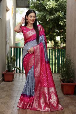 Grey And Pink Woven Design Bandhej silk blend Saree With Blouse 2