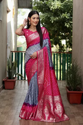 Grey And Pink Woven Design Bandhej silk blend Saree With Blouse