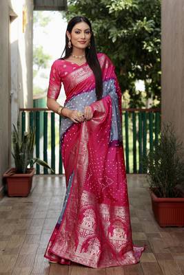 Grey And Pink Woven Design Bandhej silk blend Saree With Blouse 3