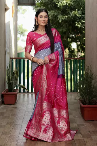 Grey And Pink Woven Design Bandhej silk blend Saree With Blouse