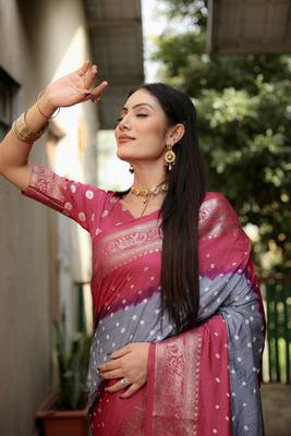 Grey And Pink Woven Design Bandhej silk blend Saree With Blouse 4